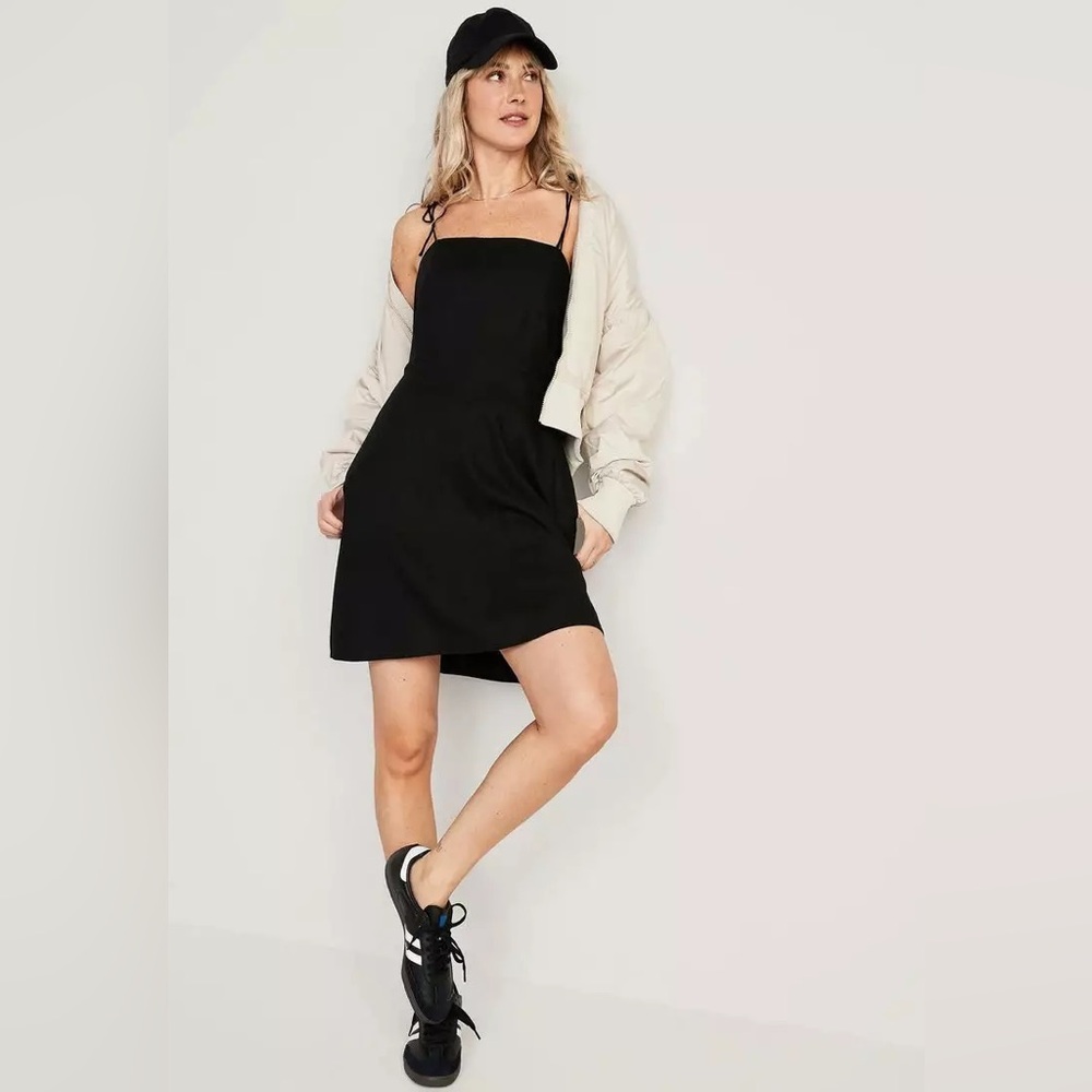 🌟3 for $30🌟 Fit & Flare Tie-strap Linen-blend Mini Dress, black, XS